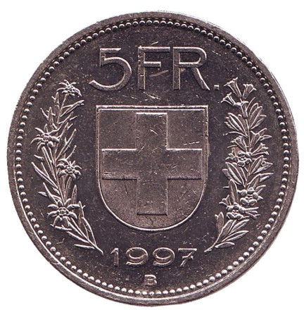 Монета 5 франков. 1997 год, Швейцария. Вильгельм Телль. Монета 5 франков. 1997 год, Швейцария. Вильгельм Телль.