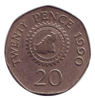 Монета 20 пенсов. 1990 год, Гернси. Карта острова Гернси.