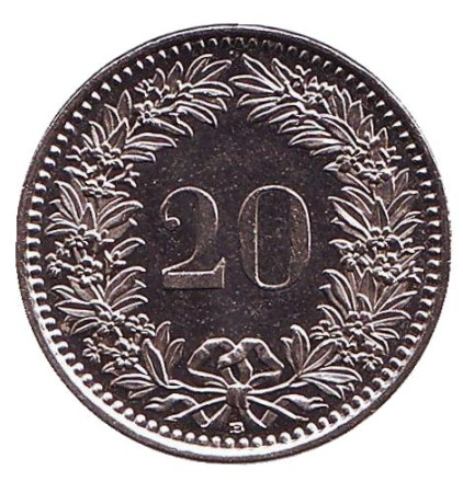 Монета 20 раппенов. 2014 год, Швейцария.