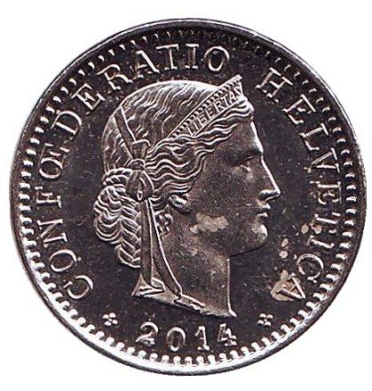 Монета 20 раппенов. 2014 год, Швейцария. Монета 20 раппенов. 2014 год, Швейцария.