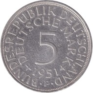 Монета 5 марок. 1951 год (F), ФРГ. Монета 5 марок. 1951 год (F), ФРГ.