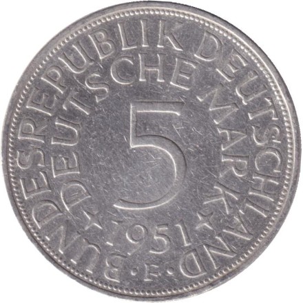 Монета 5 марок. 1951 год (F), ФРГ.