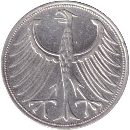 Монета 5 марок. 1951 год (F), ФРГ. Монета 5 марок. 1951 год (F), ФРГ.