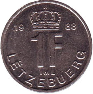 Монета 1 франк. 1988 год, Люксембург. Монета 1 франк. 1988 год, Люксембург.
