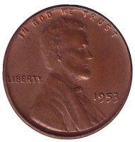 Монета 1 цент. 1953 год (P), США. Линкольн. Монета 1 цент. 1953 год (P), США. Линкольн.