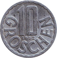 Монета 10 грошей. 1952 год, Австрия. Монета 10 грошей. 1952 год, Австрия.