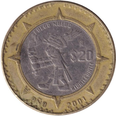 Монета 20 песо. 2001 год, Мексика. Шиутекутли - бог огня, властелин вулканов.