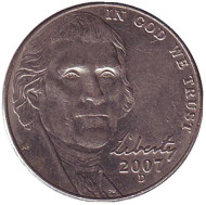 Монета 5 центов. 2007 год (D), США. Джефферсон. Монтичелло. Монета 5 центов. 2007 год (D), США. Джефферсон. Монтичелло.