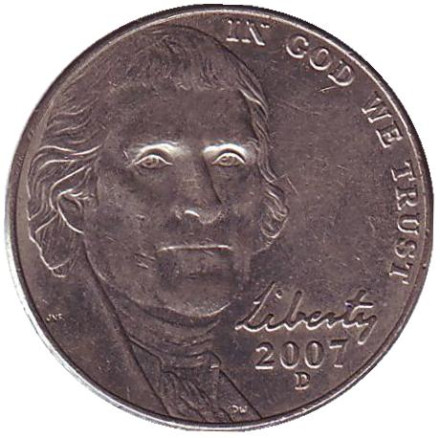 Монета 5 центов. 2007 год (D), США. Джефферсон. Монтичелло.