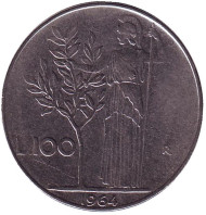 Монета 100 лир. 1964 год, Италия. Богиня мудрости Минерва рядом с оливковым деревом. Монета 100 лир. 1964 год, Италия. Богиня мудрости Минерва рядом с оливковым деревом.