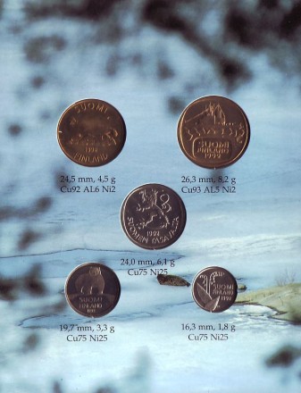 Тюлень. Набор монет Финляндии в буклете (5 шт). 1992 год, Финляндия.