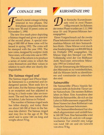 Тюлень. Набор монет Финляндии в буклете (5 шт). 1992 год, Финляндия.