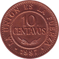 Монета 10 сентаво. 1997 год, Боливия. Монета 10 сентаво. 1997 год, Боливия.