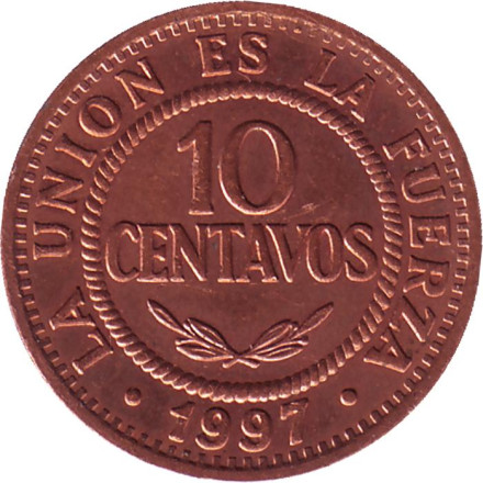 Монета 10 сентаво. 1997 год, Боливия.