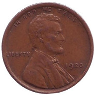 Монета 1 цент. 1920 год, США. (Без отметки монетного двора). Линкольн. Монета 1 цент. 1920 год, США. (Без отметки монетного двора). Линкольн.