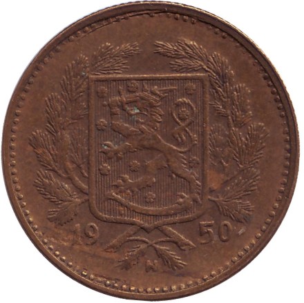 Монета 5 марок. 1950 год, Финляндия. ("H" - приспущена, иголки неровные)