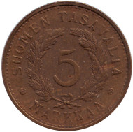 Монета 5 марок. 1950 год, Финляндия. ("H" - приспущена, иголки неровные) Монета 5 марок. 1950 год, Финляндия. ("H" - приспущена, иголки неровные)