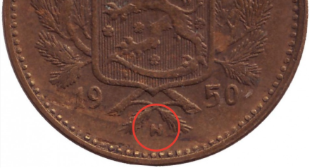 Монета 5 марок. 1950 год, Финляндия. ("H" - приспущена, иголки неровные)