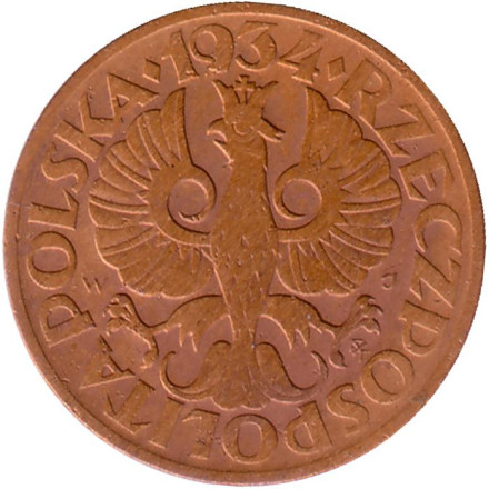 Монета 2 гроша. 1934 год, Польша. Монета 2 гроша. 1934 год, Польша.