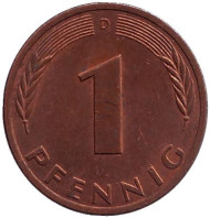 Монета 1 пфенниг. 1978 год (D), ФРГ. Дубовые листья. Монета 1 пфенниг. 1978 год (D), ФРГ. Дубовые листья.