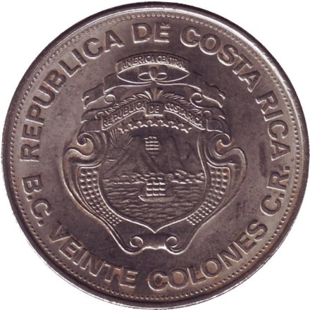 Монета 20 колонов. 1975 год, Коста-Рика. 25 лет Центральному Банку.
