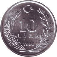 Монета 10 лир. 1988 год, Турция. Монета 10 лир. 1988 год, Турция.