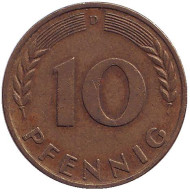 Монета 10 пфеннигов. 1950 год (D), ФРГ. Дубовые листья. Монета 10 пфеннигов. 1950 год (D), ФРГ. Дубовые листья.