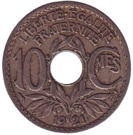 Монета 10 сантимов. 1921 год, Франция. Монета 10 сантимов. 1921 год, Франция.