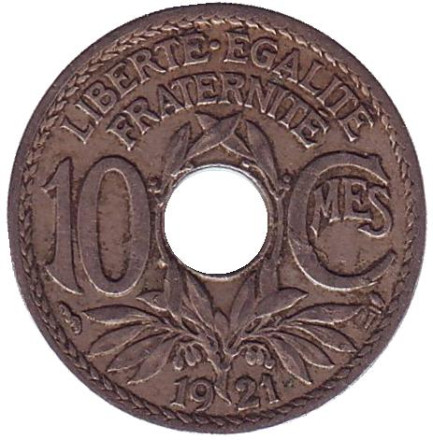 Монета 10 сантимов. 1921 год, Франция.