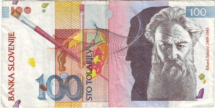 Банкнота 100 толаров. 1992 год, Словения. Рихард Якопич.