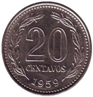 Монета 20 сентаво. 1959 год, Аргентина. Монета 20 сентаво. 1959 год, Аргентина.