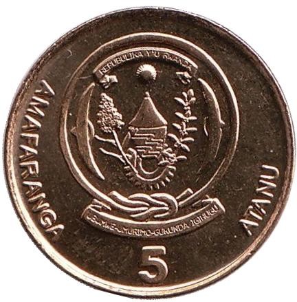 Монета 5 франков. 2009 год, Руанда. UNC. Цветок кофейного дерева. Монета 5 франков. 2009 год, Руанда. UNC. Цветок кофейного дерева.