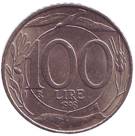 Монета 100 лир. 1998 год, Италия.