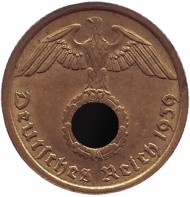 Монета 10 рейхспфеннигов. 1939 год, Германия (Третий Рейх). (G). Монета 10 рейхспфеннигов. 1939 год, Германия (Третий Рейх). (G).