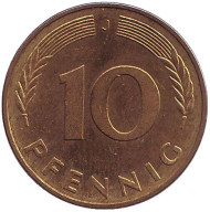 Монета 10 пфеннигов. 1977 год (J), ФРГ. Дубовые листья. Монета 10 пфеннигов. 1977 год (J), ФРГ. Дубовые листья.