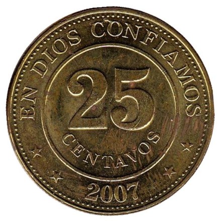 Монета 25 сентаво. 2007 год, Никарагуа. Из обращения. Горы-вулканы. Монета 25 сентаво. 2007 год, Никарагуа. Из обращения. Горы-вулканы.