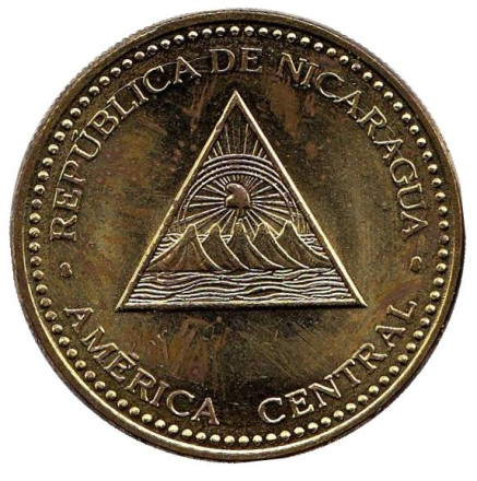 Монета 25 сентаво. 2007 год, Никарагуа. Из обращения. Горы-вулканы.
