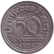 Монета 50 пфеннигов. 1921 год (E), Веймарская республика. Монета 50 пфеннигов. 1921 год (E), Веймарская республика.