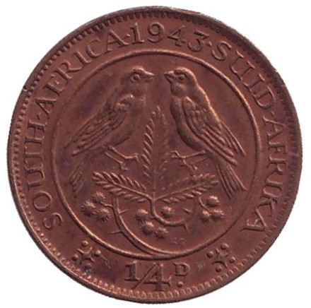Монета 1/4 пенни (фартинг). 1943 год, ЮАР. Птицы.