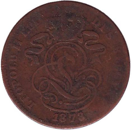 Монета 2 сантима. 1873 год, Бельгия. Монета 2 сантима. 1873 год, Бельгия.