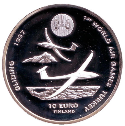 Монета 10 евро. 1996 год, Финляндия. Всемирные воздушные игры в Турции. Планеры.