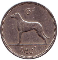 Монета 6 пенсов. 1959 год, Ирландия. Ирландский волкодав.