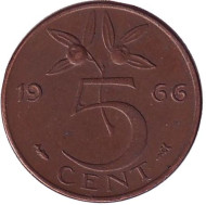 Монета 5 центов. 1966 год, Нидерланды. Монета 5 центов. 1966 год, Нидерланды.
