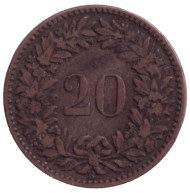 Монета 20 раппенов. 1858 год, Швейцария. Монета 20 раппенов. 1858 год, Швейцария.