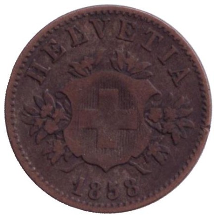 Монета 20 раппенов. 1858 год, Швейцария. Монета 20 раппенов. 1858 год, Швейцария.