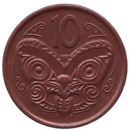 Монета 10 центов. 2013 год, Новая Зеландия. Маска маори. Монета 10 центов. 2013 год, Новая Зеландия. Маска маори.