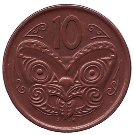 Монета 10 центов. 2013 год, Новая Зеландия. Маска маори.