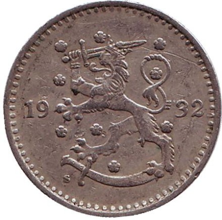 Монета 1 марка. 1932 год, Финляндия. Монета 1 марка. 1932 год, Финляндия.