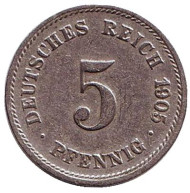 Монета 5 пфеннигов. 1905 год (G), Германская империя. Монета 5 пфеннигов. 1905 год (G), Германская империя.