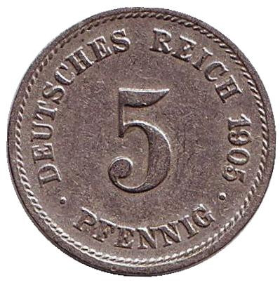 Монета 5 пфеннигов. 1905 год (G), Германская империя.